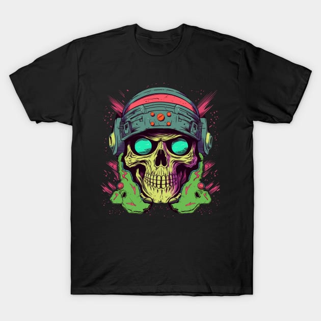 Cyberpunk Sci-Fi Skull with Helmet T-Shirt by TOKEBI